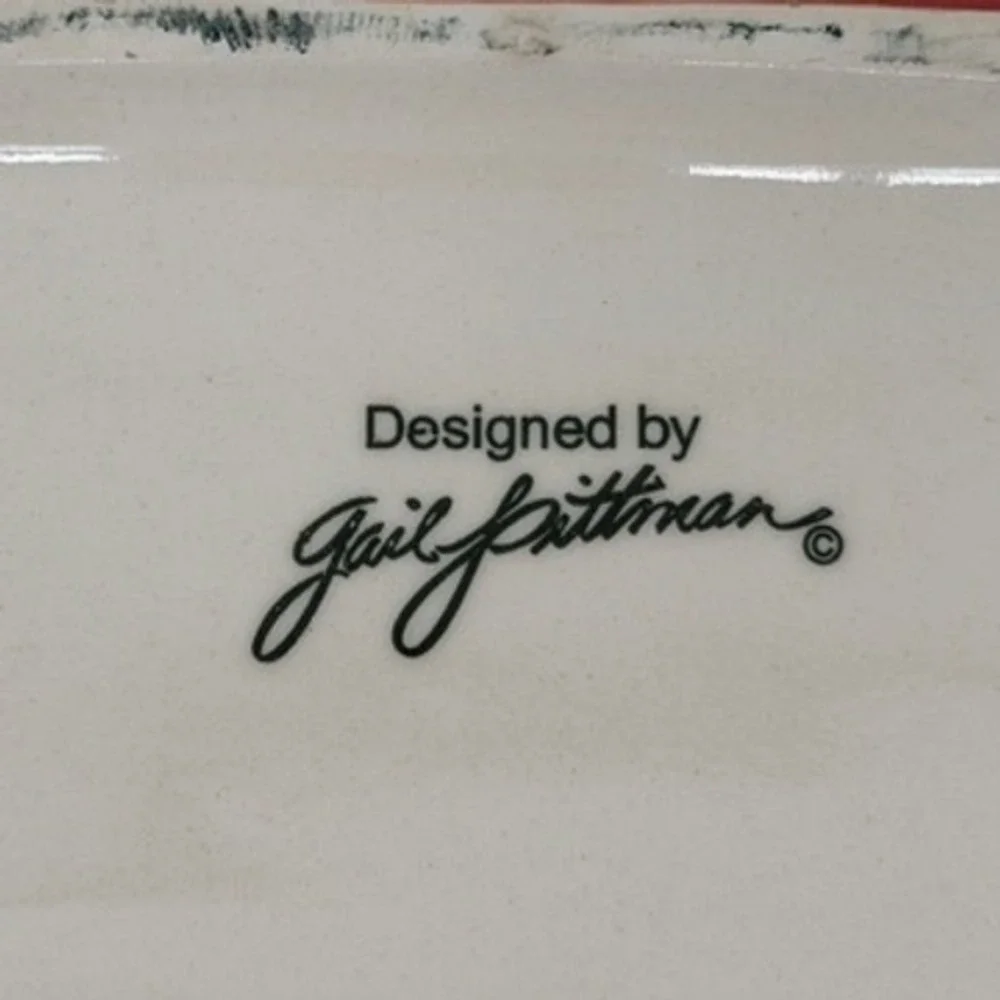 Gail Pittman Hand Painted Ceramic Striped Serving Bowl Scalloped Yellow Red 12in